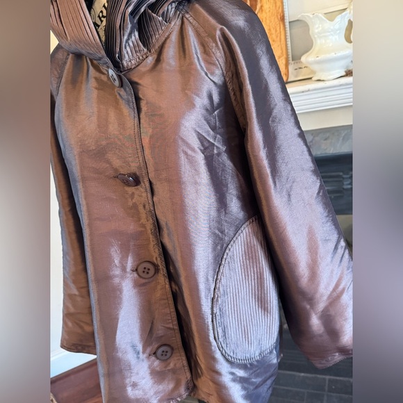 UBU Reversible Rain Coat Jacket Shimmer Brown Black Button Front Cowl Pleated - Picture 4 of 9